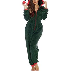 Kerstpyjama voor dames, onesies met capuchon voor volwassenen, plus fluwelen onesies, huiskleding,Green,Medium