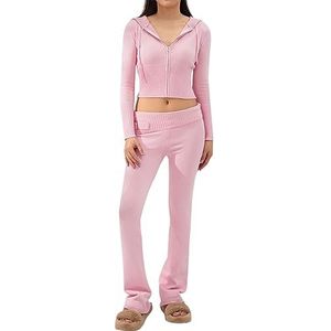 GETERUUV Y2K Elegant broekpak voor dames, 2-delig, met ritssluiting, crop hoodie en stretchbroek met hoge taille, roze, S
