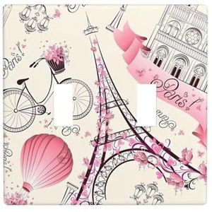 ZhaoYuGoods Romantische Parijs Eiffeltoren Bycicle Print Muurplaat, Dubbele Toggle Lichtschakelaar Outlet Cover 2-Gang 11,4 cm x 11,4 cm, PC Decoratieve Voorplaat voor Thuis & Kantoor
