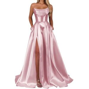 BRIGOW Satijnen bruidsmeisjesjurken voor dames, voor bruiloft, ruches, avondjurk, baljurken, cocktailjurk, grote maten, Stoffige Roos, 32