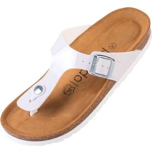 Palado Kos Teenslippers voor dames, modieuze sandalen met natuurlijk kurk-voetbed, damesschoenen met zool van het fijnste suède, aangename sandalen, Lak wit, 40 EU