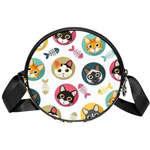 Ronde Crossbody Tas Messenger Purse voor Vrouwen Kat Visgraat schattig, Meerkleurig, 6.7x6.7x2.3 in, Sling Rugzakken