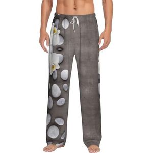 Witte Bloem Met Steen Mannen Lange Lounge Wear Broek Nachtkleding Pyjama Bodems Nachtkleding Met Zakken En Trekkoord, Wit, S