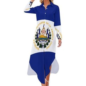 El Salvador Flag Maxi-jurk voor dames, lange mouwen, knoopjurk, casual feestjurk, lange jurk, L