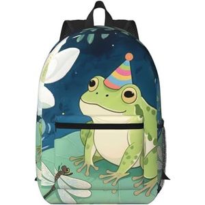 Zelinge Cartoon Cactus Beige Casual Rugzak Casual Dagrugzak Voor 13-Inch Laptop Wandelen Rugzakken, Leuke kikker met feesthoed, One Size, Reizen Rugzakken