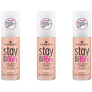 Essence Stay ALL DAY 16 uur lang houdende foundation, make-up, veegvast, waterbestendig, nr. 20 Soft Nude, nude, langdurig, matterend, mat, veganistisch, olievrij, waterbestendig, verpakking van 3 stuks (3 x 30 ml)