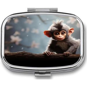 Pillendoosje metaal met spiegel, schattige aap bedrukte draagbare pillencontainer, reispillenorganizer voor het opbergen van verschillende medicijnen