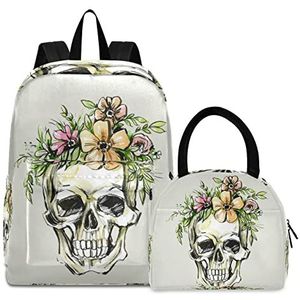 Grijswitte schedelbloemen boekentas lunchpakket set schouderrugzak boekentas kinderrugzak geïsoleerde lunchbox-tas voor meisjes jongens, Patroon., Medium