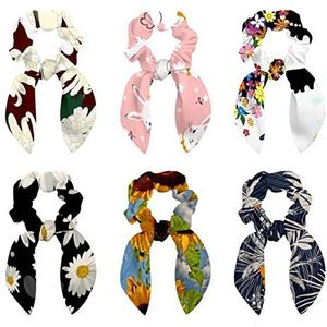 6 Pack Cartoon Witte Konijn Bloemen Roze Scrunchies Haarbanden voor Dik Haar, Haar Scrunchies met Boog voor Vrouwen Meisje, Paardenstaart Houders Bunny Ear Scrunchies Haaraccessoires