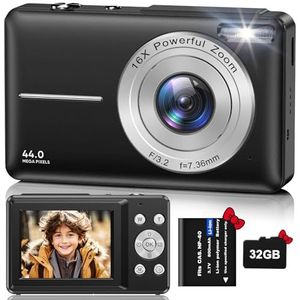 VAHOIALD Camera met 32 GB SD-kaart, kindercamera HD 1080p 44MP, oplaadbaar, compacte digitale camera met 16x digitale zoom voor kinderen, jongeren, volwassenen (zwart)