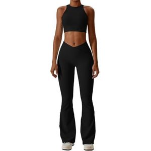 Womens Crossover Geribbelde Flare Leggings Bootcut Hoge Taille Yoga Broek Buikcontrole Gym Workout Werkbroek, Nero, L