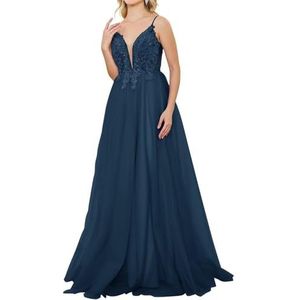 HPPEE Spaghetti Strap V-hals Tule Galajurken met Kant Applique A-lijn Formele Avondjurk, marineblauw, 32