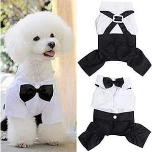 NA Hond Kleding Huisdier Stijlvolle Bruiloft Shirt Formele smoking met zwart Tie Pak Hond Heren Jarretel Vlinderdas Kleding voor Bruiloft Feestje Fancy Event Halloween, Wit & Zwart