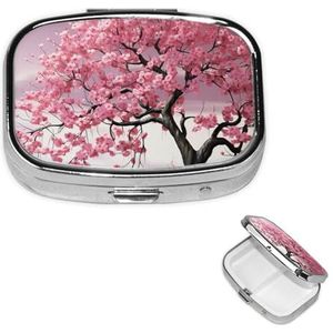 Roze Bloem Boom Pillendoos 2 Compartimenten Vierkante Draagbare Pillenetui voor Pocket of Portemonnee Kleine Wekelijkse Geneeskunde Planner Reizen Pillendoos met Spiegel Decoratieve Metalen Vitamine