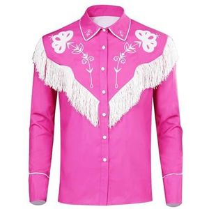 Heren Katoen Western Button Down Fringe Style Shirt - Mannelijke Slim Fit Shirts Volwassen Shirt Cosplay Kostuum, roze, XXL