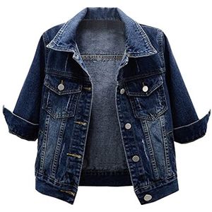 Sawmew Korte spijkerjas met korte mouwen voor dames Lichte cropped spijkerjacks Jassen (Color : Dark blue, Size : XL)