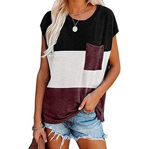 Womens Basic T-shirt Zomer Colorblock Casual Korte Mouw Crewneck Tees Losse Tops T Shirts Vrouwen Zomer Korte Mouw T-Shirt Ronde Hals Colorblock Tops Casual T Shirt Tee Tuniek Tops met zakken, D-rood, M