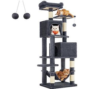 Feandrea Krabpaal, 155 cm hoog, kattenboom met 5 krabzuilen, 2 platforms, 2 kattenholletjes, hangmat, 2 pluche ballen, pluche, design met meerdere verdiepingen, rookgrijs PCT192G01