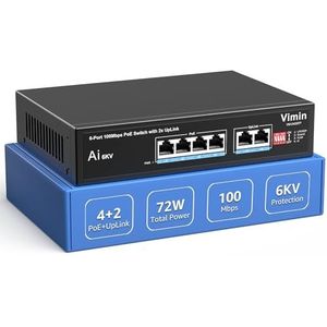 VIMIN 4-poorten poe-switch met 2 uplink-poorten, AI waakhond, VLAN, uitbreiding tot 250 m, ondersteuning van IEEE802.3af/at, 72