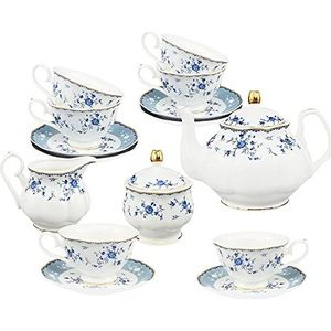 fanquare 21 Stuks Porseleinen Theeservies, Blauw Gebloemde Namiddag Theeset, Brits Koffieservies met Theepot, Kop en Schotel