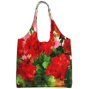 XIAOYANS Rode Geraniums Extra Grote Capaciteit Schouder Canvas Tas Voor Winkelen Reizen Dagelijks Gebruik, Zwart, Eén maat