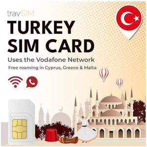 travSIM Turkije SIM Kaart | Vodafone Netwerk | 15GB data met 4G/5G snelheden | Gratis roaming in Griekenland, Malta & Cyprus | Plan op SIM kaart voor Turkije is 7 dagen geldig