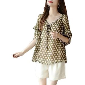 Vrouwen Gedrukt Ruches Lace Up Chiffon Blouses Vrouwen Kleding Lente Casual Pullover Shirt, Koffie, L
