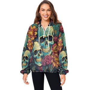 KAAVIYO Kleurrijke Schedels Groene Bladeren Pluizige Jas Trui Hoodie Hooded Zakken Fuzzy Fleece Sweatshirt Ronde hals Truien Hoodies voor Meisjes Vrouwen, Patroon, M