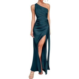 WSEYU Satijnen bruidsmeisjesjurk voor bruiloft met split avondgalajurken ruches cocktailjurk grote maten, Pauw, 32