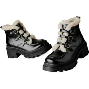 UALXPAO Vrouwen Sneeuwlaarzen Vrouwen Enkellaarsjes Platforms Lederen Schoenen Vrouw Winter Wolmix Warm Casual Kantoor Dame Werken Schoenen, Zwarte Wol Blend, 37.5 EU