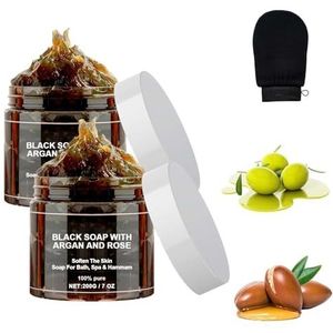 Zawina Morocco Black Beldi Soap, zwart zeep met argan en roos, Zawina Morocco Body Scrub, Moroccan zwarte zeep met handschoen (2 dozen)