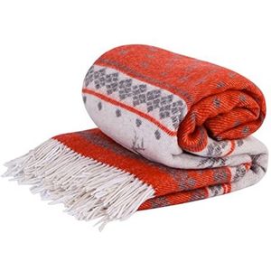 LYHome Merino Wollen Deken - Plaid Wol voor Sofa Bank & Bed, Merinowol Blanket Zachte Warme, Grote Sprei Merinowollen, Plaids Schapenwollen (140 x 200 cm | Rood met Wit Rendier)