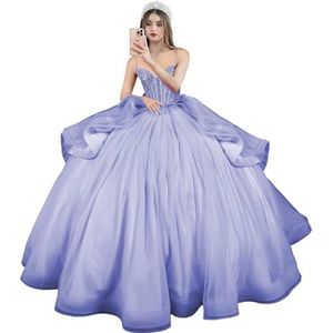 Fuomomo Quinceanera MT054 Jurken met spaghettibandjes, partyjurk met staart, Quinceanera kanten jurk met strik, Quinceanera tule met parels, Lavendel, 44