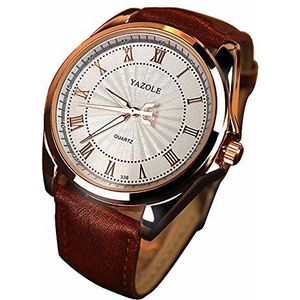 YAZOLE Romeinse Cijfers Horloge Fashin Business Bruin Lederen Horloge Mannen Witte Wijzerplaat Casual Horloges voor Mannen, Bruin/Wite, riem