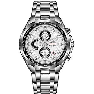 Herenhorloge, roestvrijstalen analoge kwartsbeweging luxe horloge, zakelijke casual waterdichte grote gezicht wijzerplaat chronograph,Silver white a1