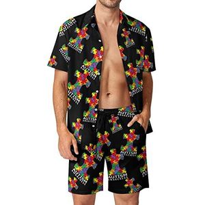 Autisme Bewustzijn Puzzel Stuk Mannen Hawaiiaanse Bijpassende Set 2-delige Outfits Button Down Shirts En Shorts Voor Strand Vakantie