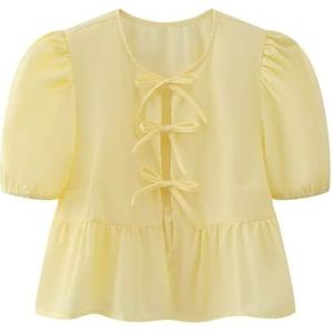 Vrouwen Tie Front Tops Puff Sleeve Babydoll Shirts Y2K Leuke Ruffle Peplum Uitgaan Top Blouse Trendy Kleding (Color : Yellow C, Size : Small)