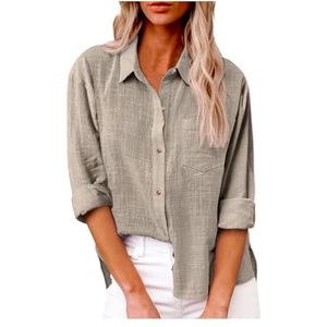 Dames katoenen linnen button-down overhemd 2024 lente casual effen kleur shirts met lange mouwen losse werktops met zakken(Color:Khaki,Size:5XL)