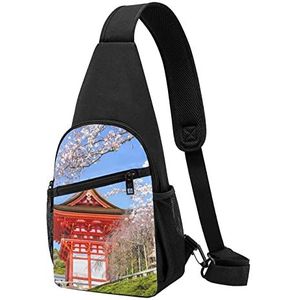 Rode Architectuur Kersenbloesems Gedrukt Borst Pack Cross Body Borst Sling Rugzak Reizen Wandelen Borst Tas Dagrugzak, Zwart, Eén maat