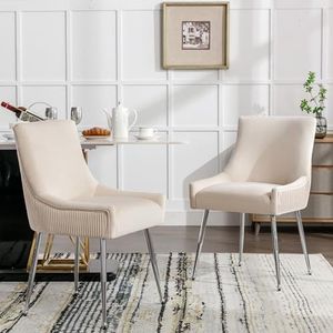 Aunvla Set van 2 eetkamerstoelen met verticale strepen, gestoffeerde stoel, metalen beenstoel met metalen handgreep, moderne loungestoel, slaapkamer-woonkamerstoel, beige