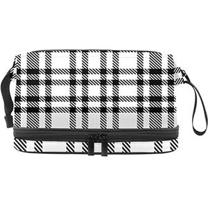 Dubbele Laag Cosmetische Tas Grijs Plaid Draagbare Make-up Tas Reizen Organizer Pouch voor Vrouwen Meisjes Toiletartikelen Tassen, Meerkleurig, 27x15x14 cm/10.6x5.9x5.5 in, Make-up zakje