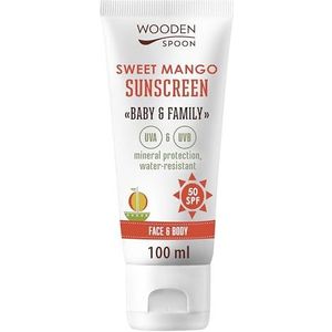Wooden Spoon Biologische Zonnebrandcrème Baby & Familie “Sweet Mango” SPF 50 – 100% Natuurlijk, Onzichtbare Zink, Geen Witte Waas, Hypoallergeen, Vegan, Waterbestendig – 100 ml