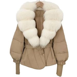 Dames Korte Gewatteerde Jas Met Imitatiebontkraag en Riem, Dikke, Warme Winterjas Met V-hals(Khaki 6,S)