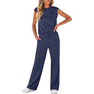 LLECDASEUI Dames zomer 2-delige outfits casual mouwloze sweatsuits bijpassende wijde pijpen trainingspakken lounge sets mode kleding, Donkerblauw, M
