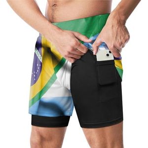 Wuivende Vlag van Argentinië En Brazilië Grappige Zwembroek met Compressie Liner & Pocket Voor Mannen Board Zwemmen Sport Shorts