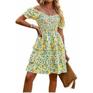 Zomerjurk voor dames, zomer casual sweetheart halslijn pofmouw bloemenprint hoge taille jurk, Geel, XL