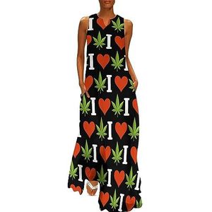 I Love Weed Damesjurk op enkellengte, slanke pasvorm, mouwloos, maxi-jurk, casual, zonnejurk, 5XL