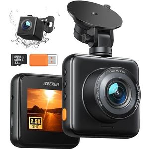 iZEEKER 2.5K Dash Cam voor en achter met SD-kaart, 1440P autocamera dashboard, dubbele dashcam voor auto's 170° groothoek, G-sensor, nachtzicht, 24H parkeermonitorondersteuning, WDR