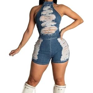OHERUWKLS Damesmode Backless Rits Elastische Gescheurde Bretel Coltrui Denim Jumpsuit,Blauw,L