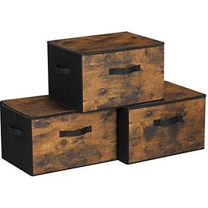 SONGMICS opbergdozen met deksel, set van 3, opvouwbare stoffen dozen, voor kleding en speelgoed, 40 x 30 x 25 cm, niet-geweven stof, vintage bruinzwart RYZ103B01